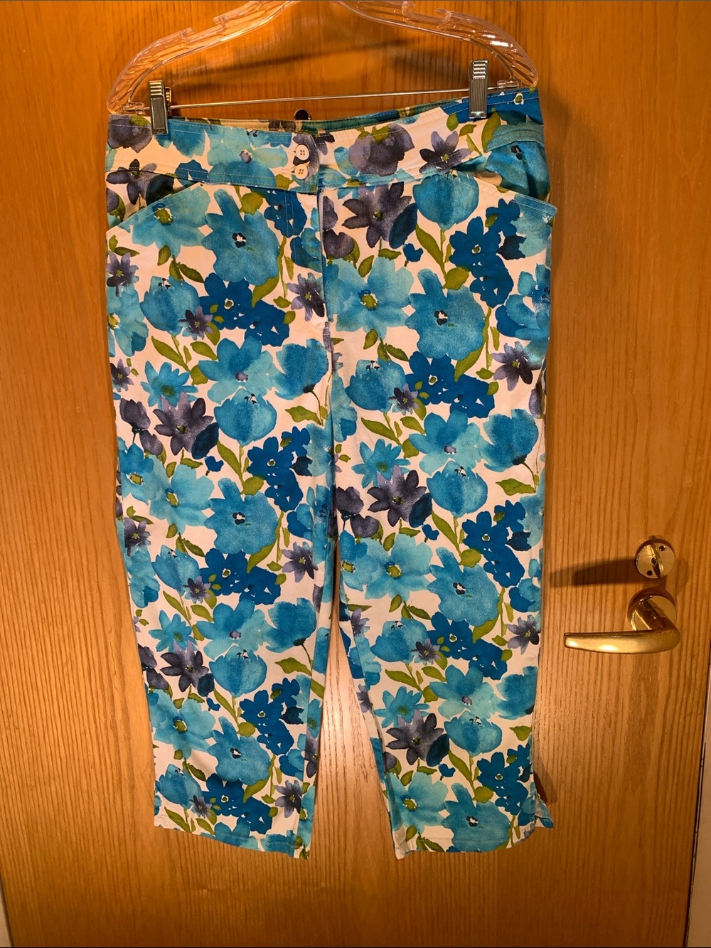 Bill Blass Cotton Blue Floral Capris- Slant Pockets- Front Zip- Size 12